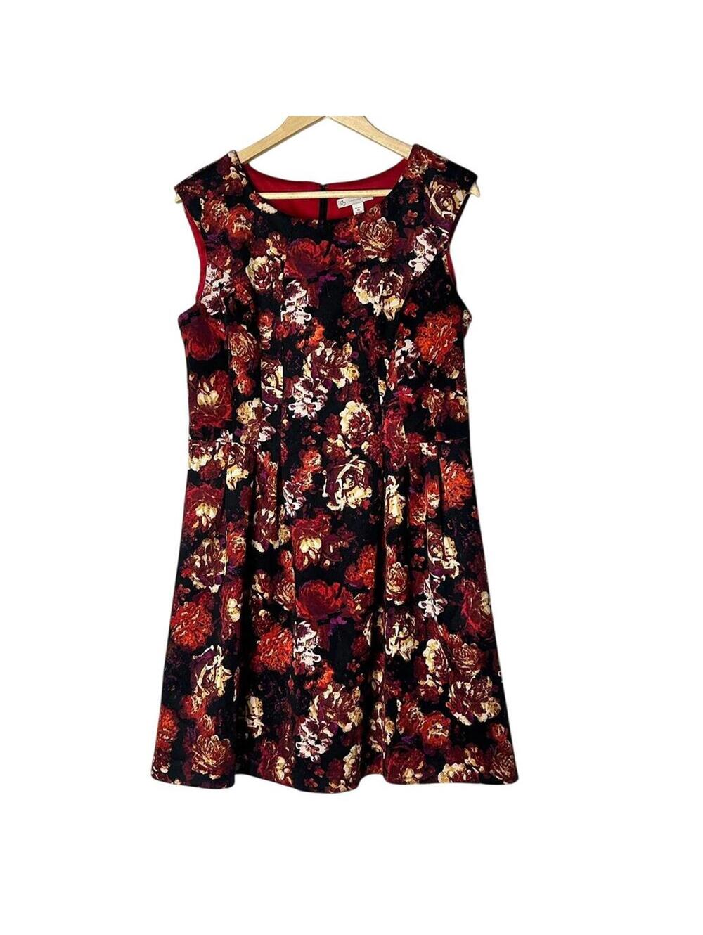 CB Black Red Floral Sleeveless Dress 14P Knee Length Fit Flare Stretch Floral